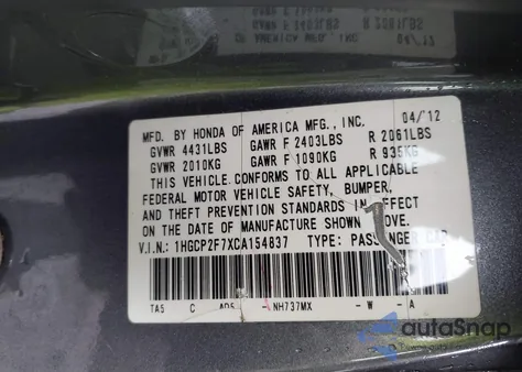 2012 Honda Accord 2.4 Ex z USA, uszkodzony, nr VIN 1HGCP2F7XCA154837